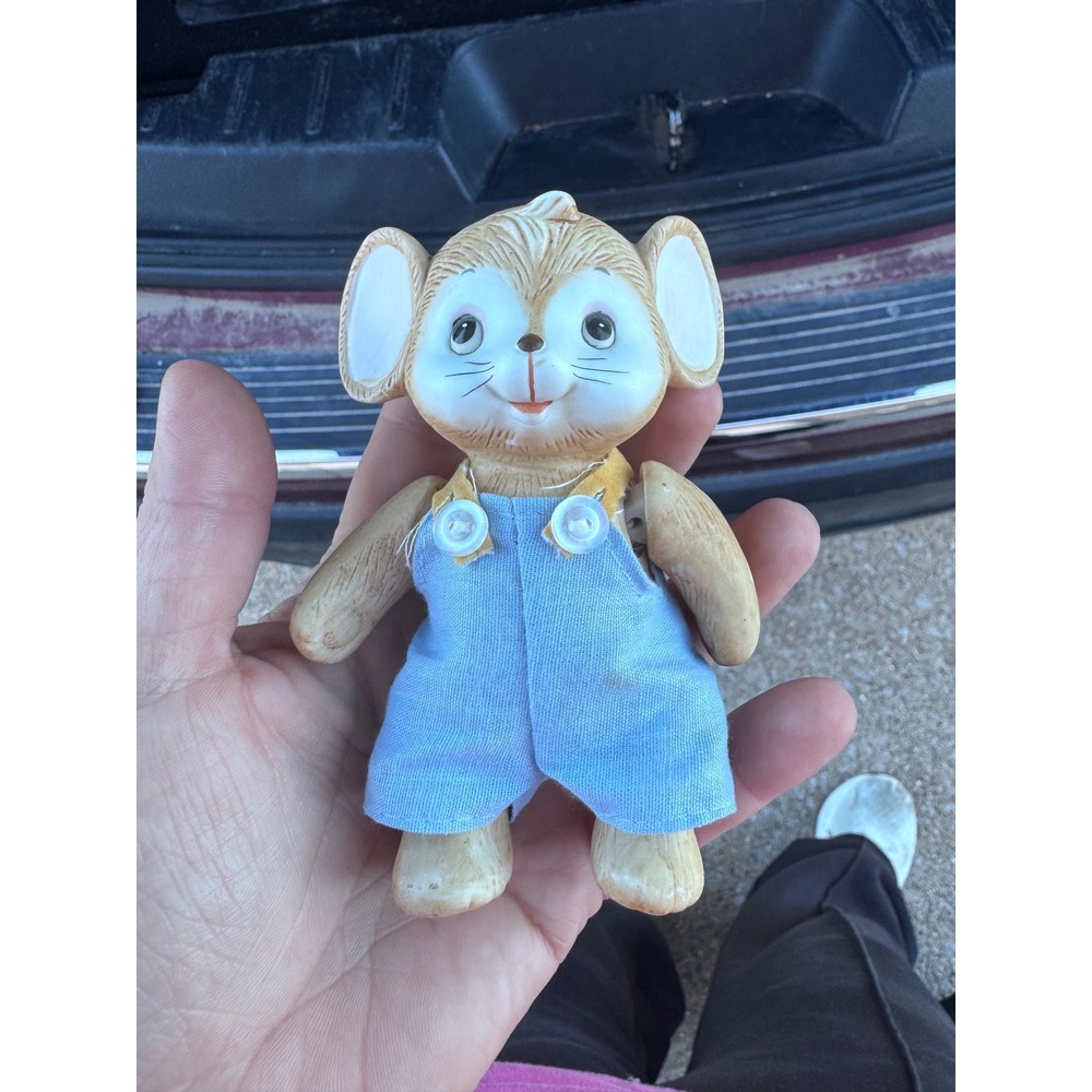 Vintage Ceramic Mouse Figurine in Blue Fabric Overalls Collectible Animal Decor